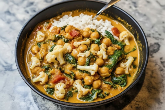 Curry de pois chiches, épinards et chou-fleur.