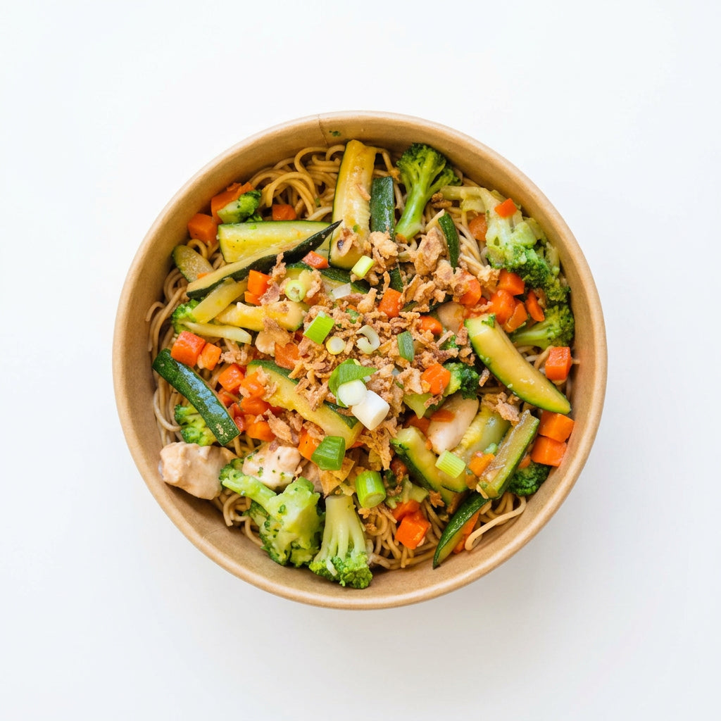 Nouilles sautées au poulet et légumes croquants