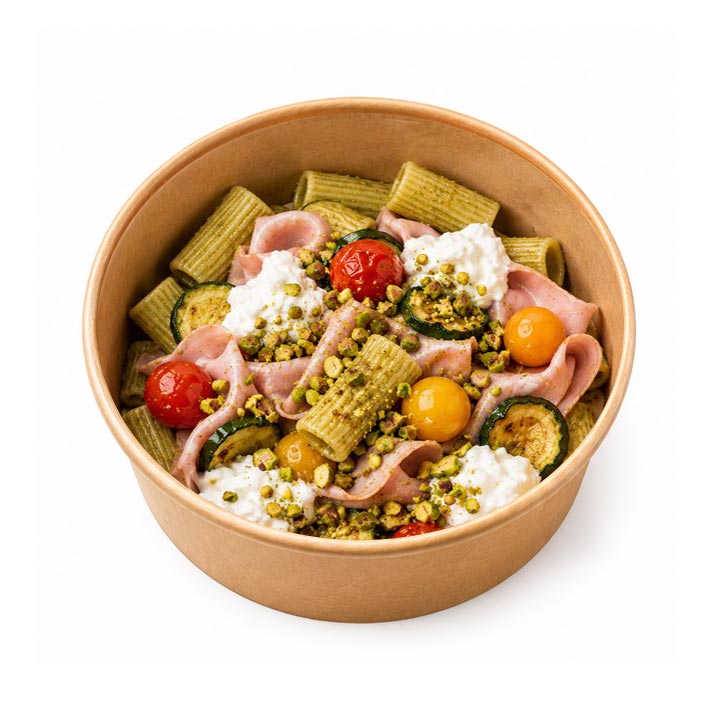 Pâtes au pesto de pistache, mortadelle et stracciatella