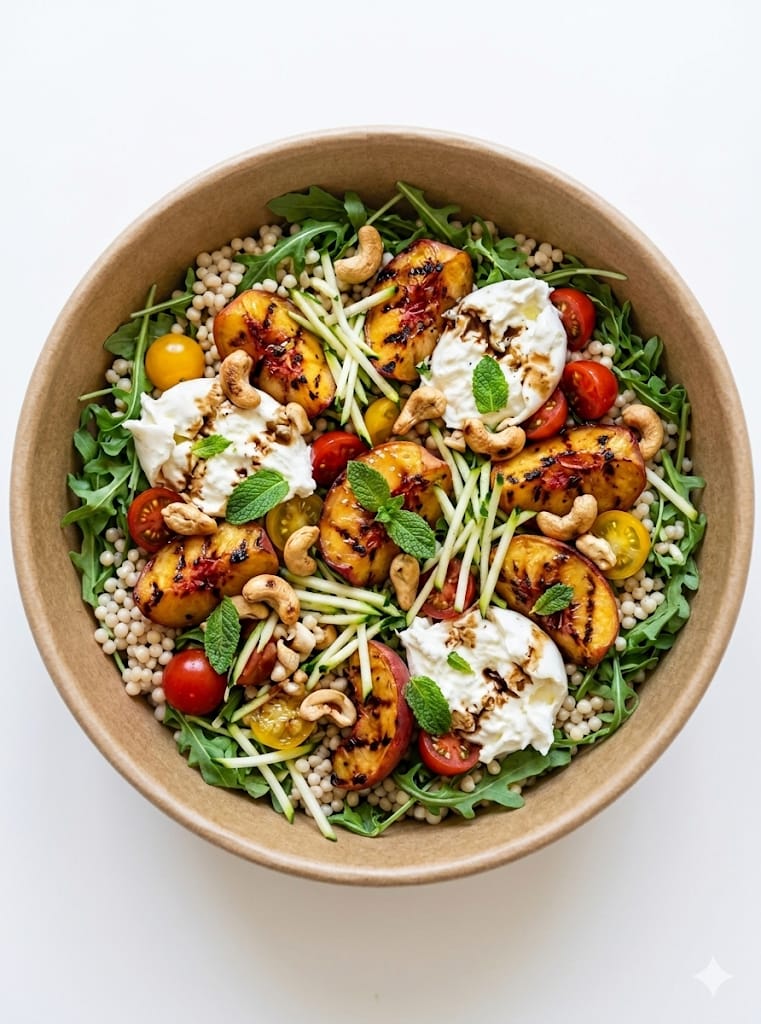 Salade de pêches rôties et Burrata