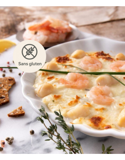 Gratin de pétoncles et scampis