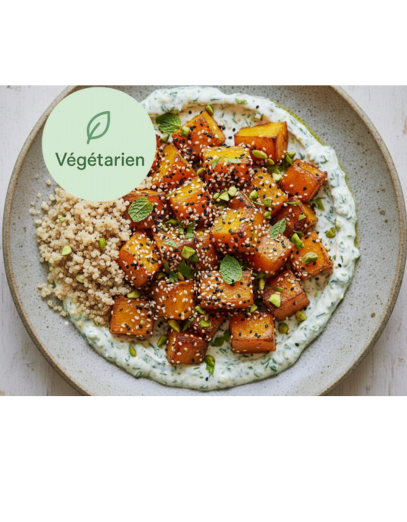 Potimarron rôti, crème pistache et feta, quinoa