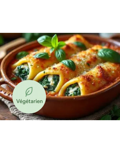 Cannellonis épinards, crème de pesto et tomates confites