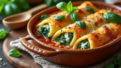 Cannellonis épinards, crème de pesto et tomates confites