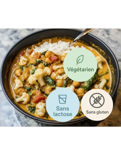 Curry de pois chiches, épinards et chou-fleur.