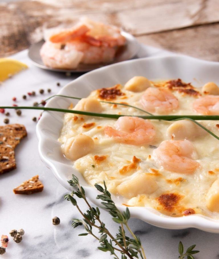 Gratin de pétoncles et scampis