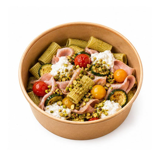 Pâtes au pesto de pistache, mortadelle et stracciatella