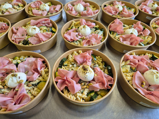 Pâtes au pesto de pistache, mortadelle et burratina