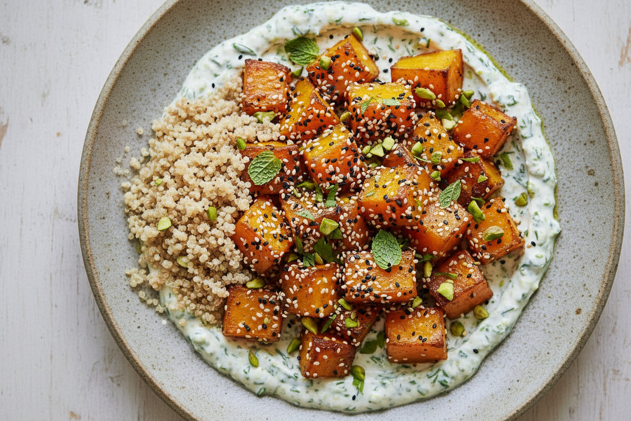 Potimarron rôti, crème pistache et feta, quinoa