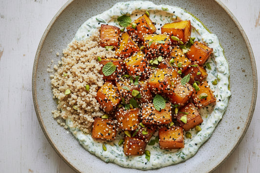 Potimarron rôti, crème pistache et feta, quinoa