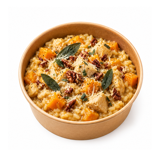 Risotto au poulet, butternut, sauge et noix de pécan