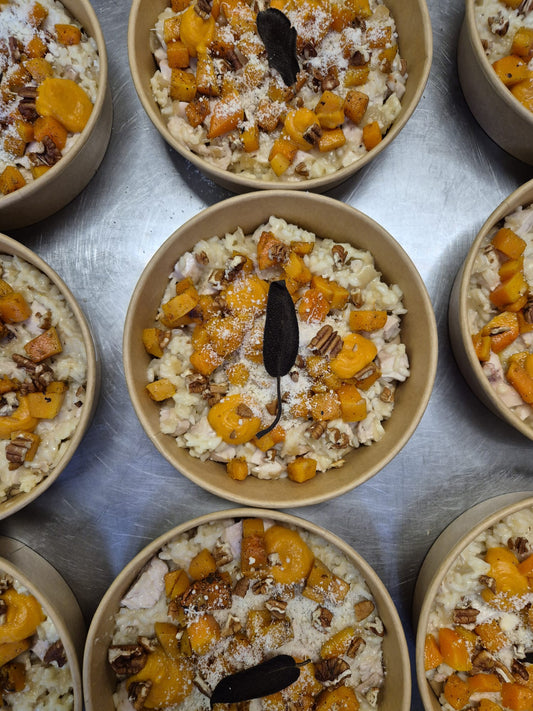 Risotto de poulet, butternut, sauge, noix de pécan