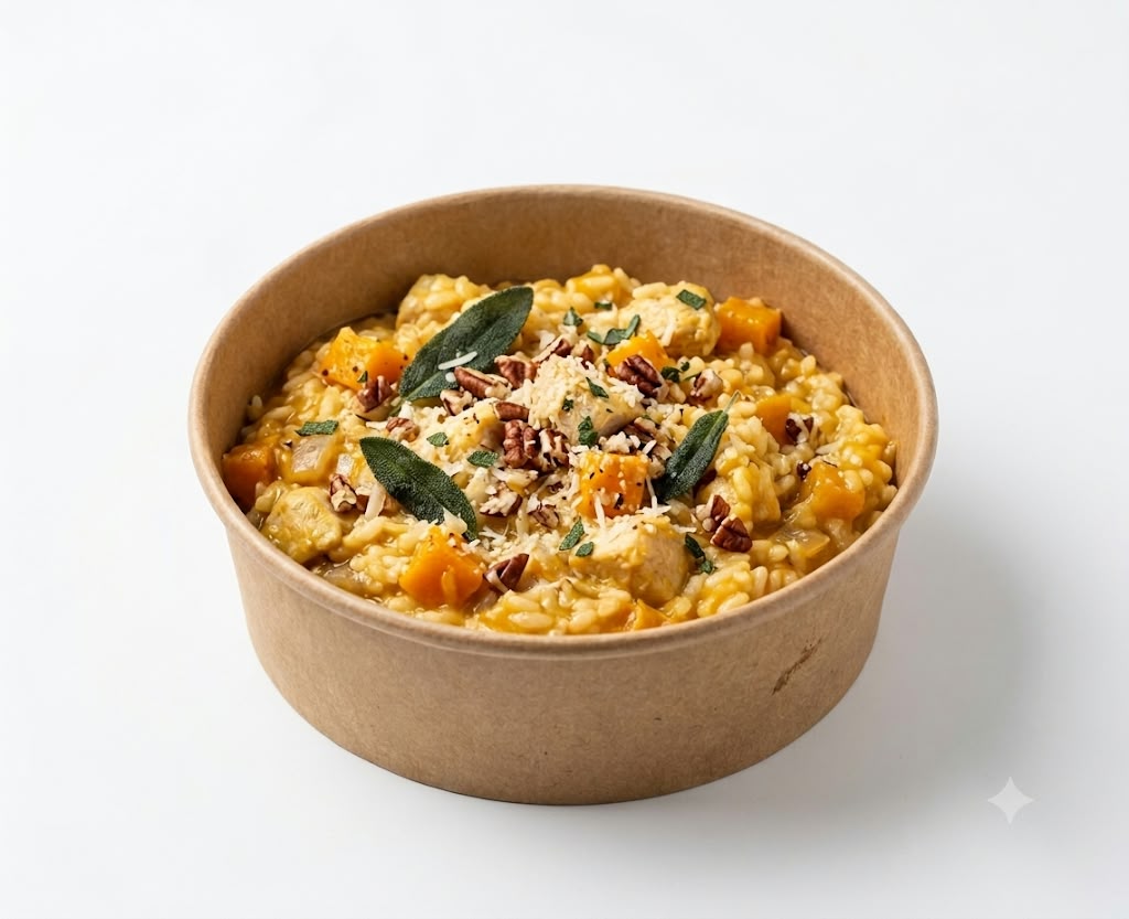 Risotto au poulet, butternut, sauge et noix de pécan