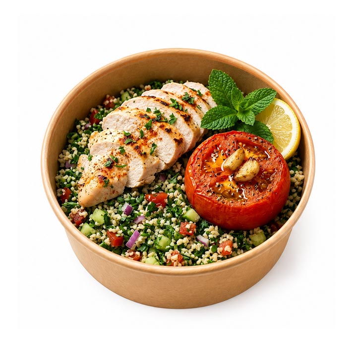 Taboulé, blanc de poulet et tomate rôtie à l'ail