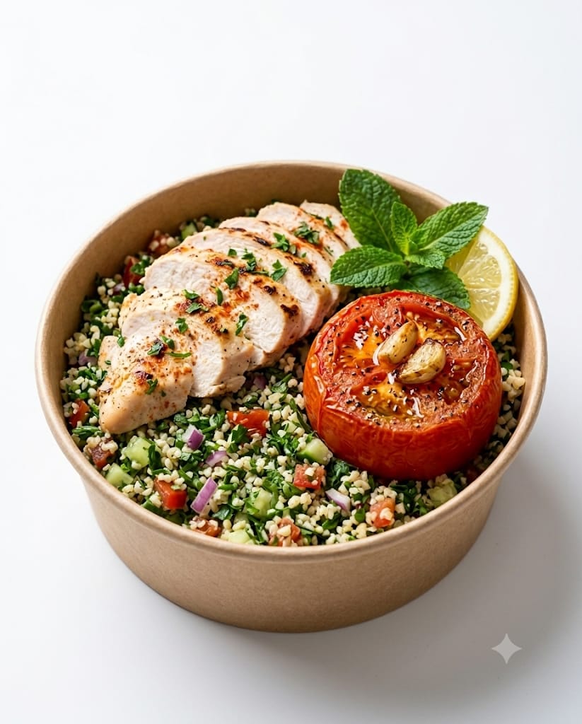 Taboulé, blanc de poulet et tomate rôtie à l'ail